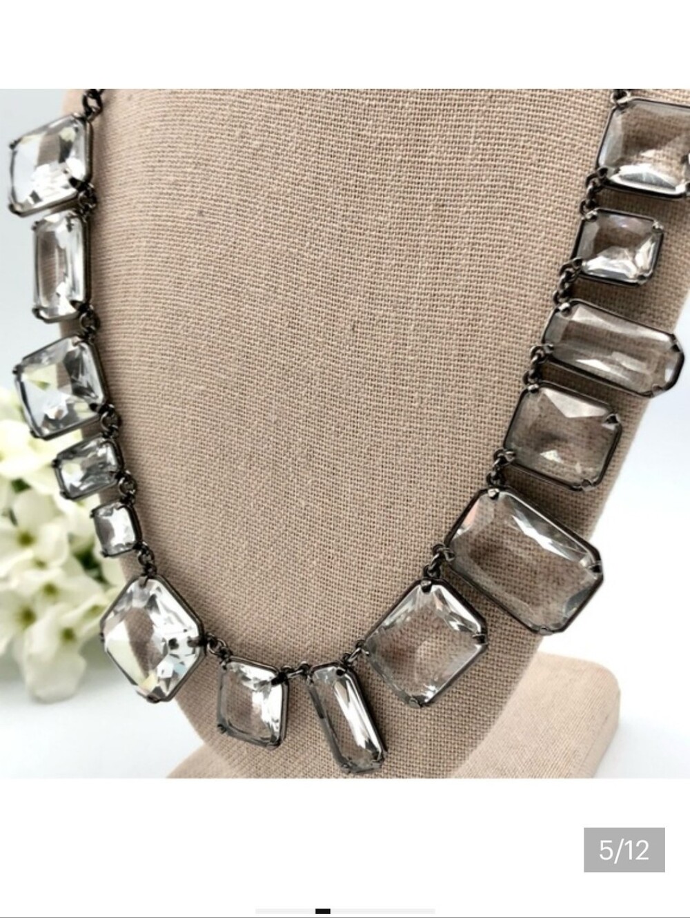 J. Crew Signed Crystal Statement Necklace in Clear with Gunmetal Setting